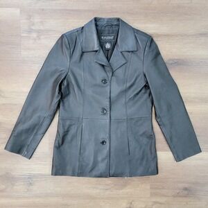 Dialogue Genuine Black Leather Jacket Coat Button Front Pockets Women's Sz Small